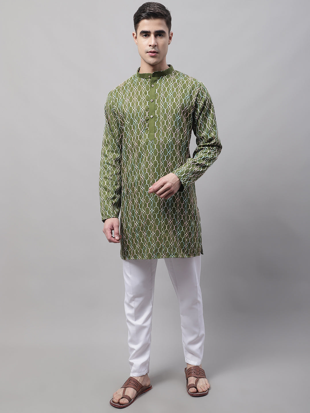 Jompers Men's Olive Green and Multi Coloured Embroidered Straight Kurta | Grocsy