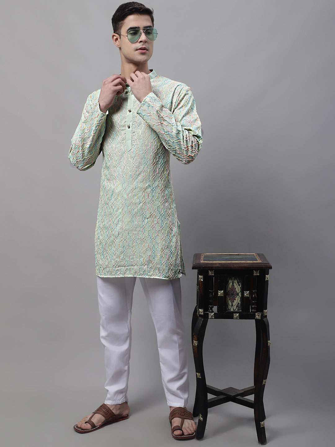 Jompers Men's Pista Green and Multi Coloured Embroidered Straight Kurta | Grocsy