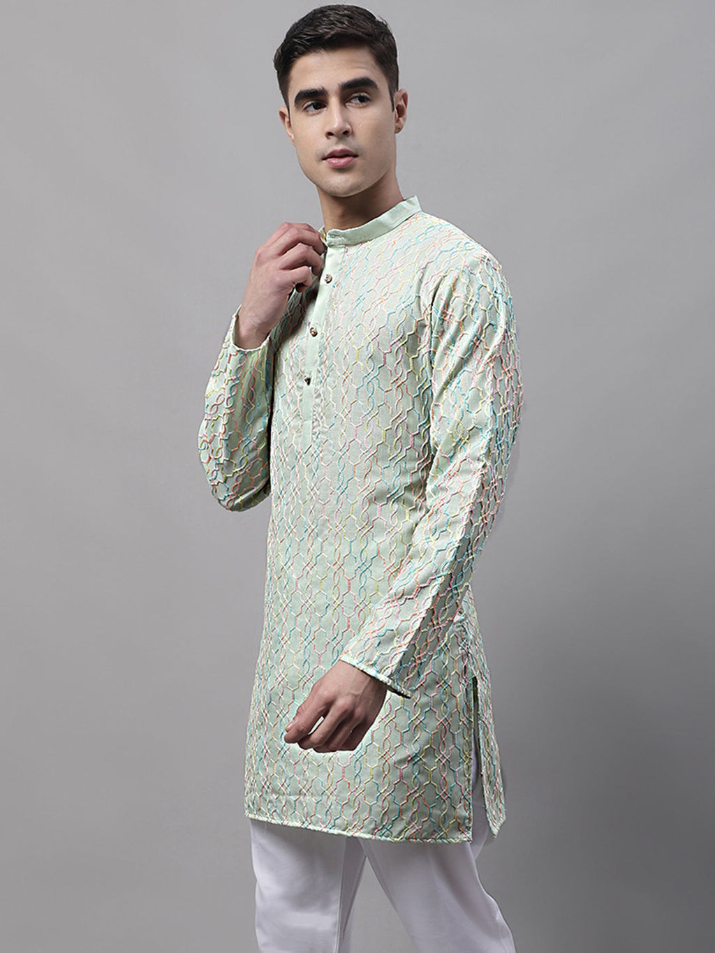 Jompers Men's Pista Green and Multi Coloured Embroidered Straight Kurta | Grocsy