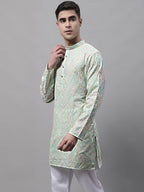 Jompers Men's Pista Green and Multi Coloured Embroidered Straight Kurta | Grocsy