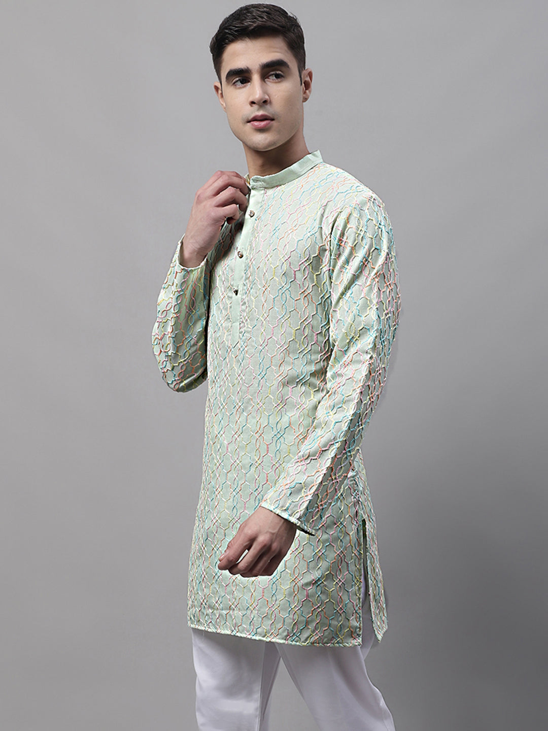 Jompers Men's Pista Green and Multi Coloured Embroidered Straight Kurta | Grocsy