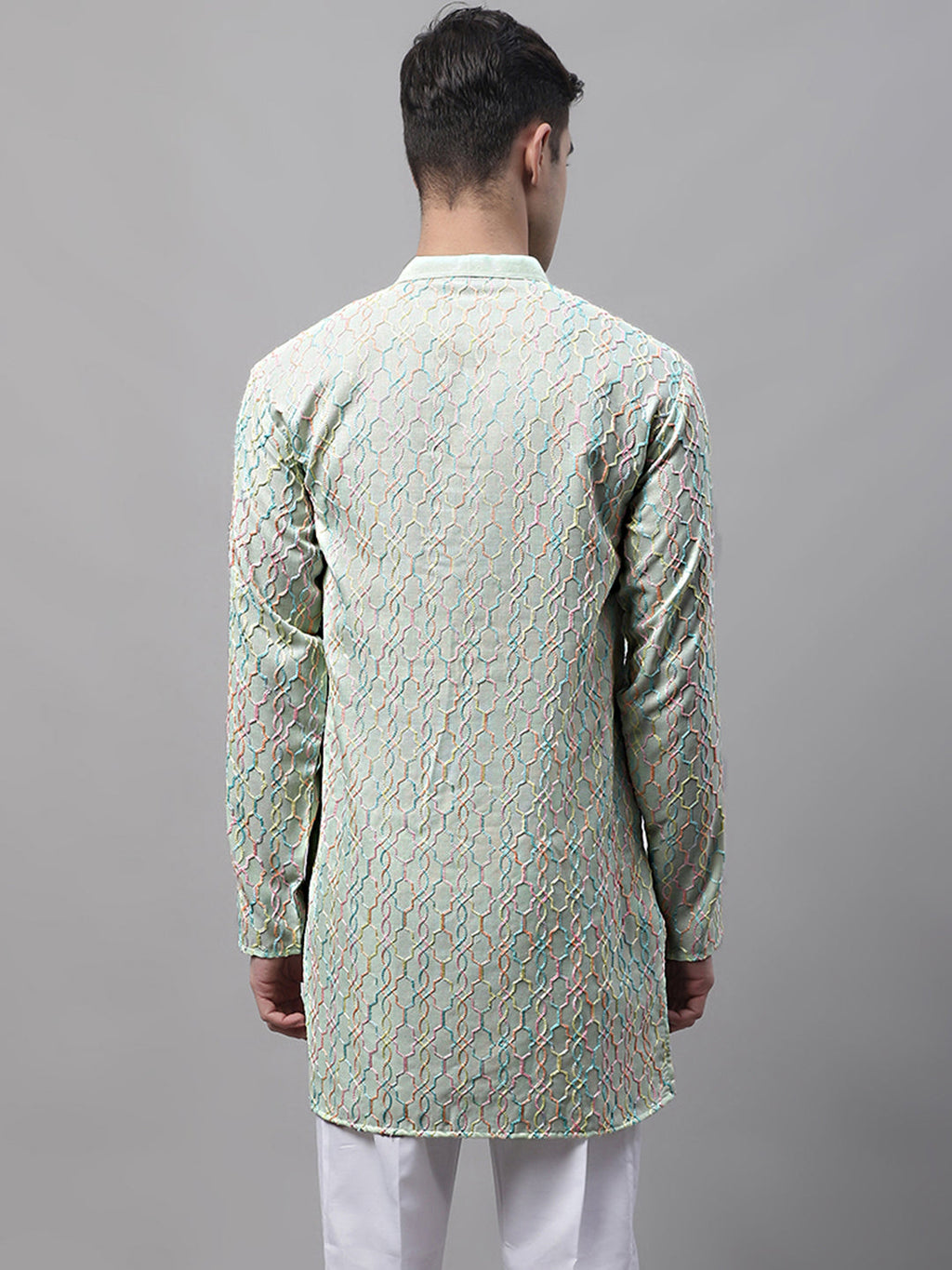 Jompers Men's Pista Green and Multi Coloured Embroidered Straight Kurta | Grocsy