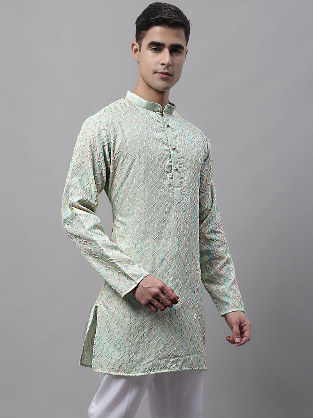 Jompers Men's Pista Green and Multi Coloured Embroidered Straight Kurta | Grocsy