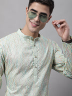 Jompers Men's Pista Green and Multi Coloured Embroidered Straight Kurta | Grocsy