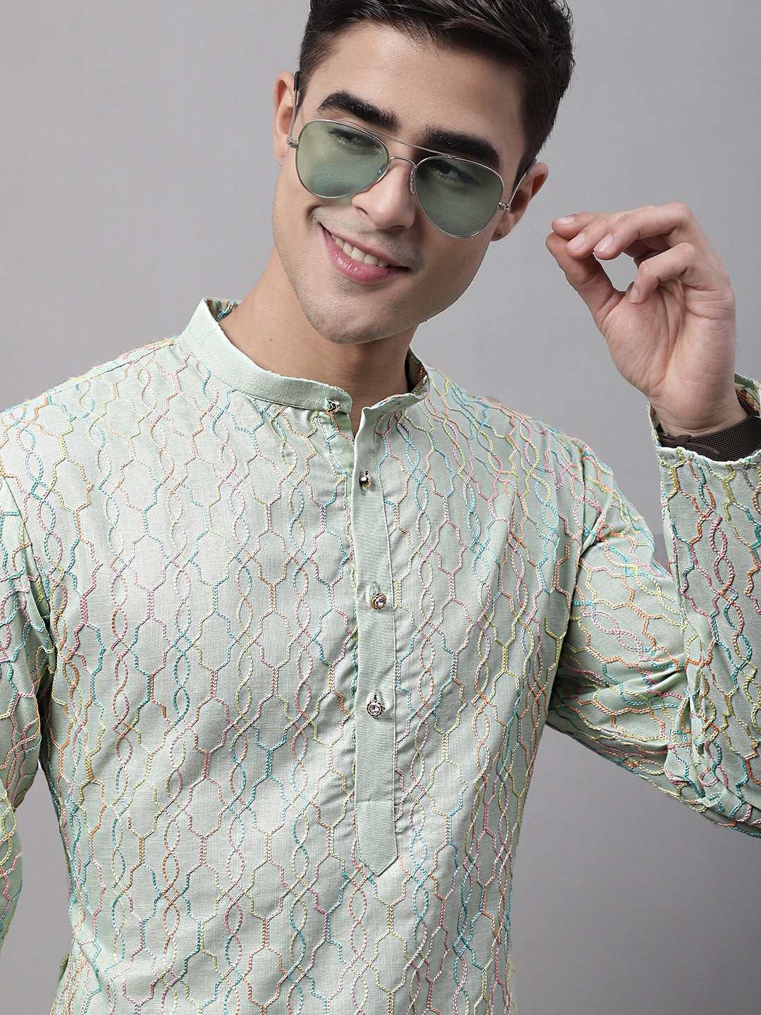 Jompers Men's Pista Green and Multi Coloured Embroidered Straight Kurta | Grocsy