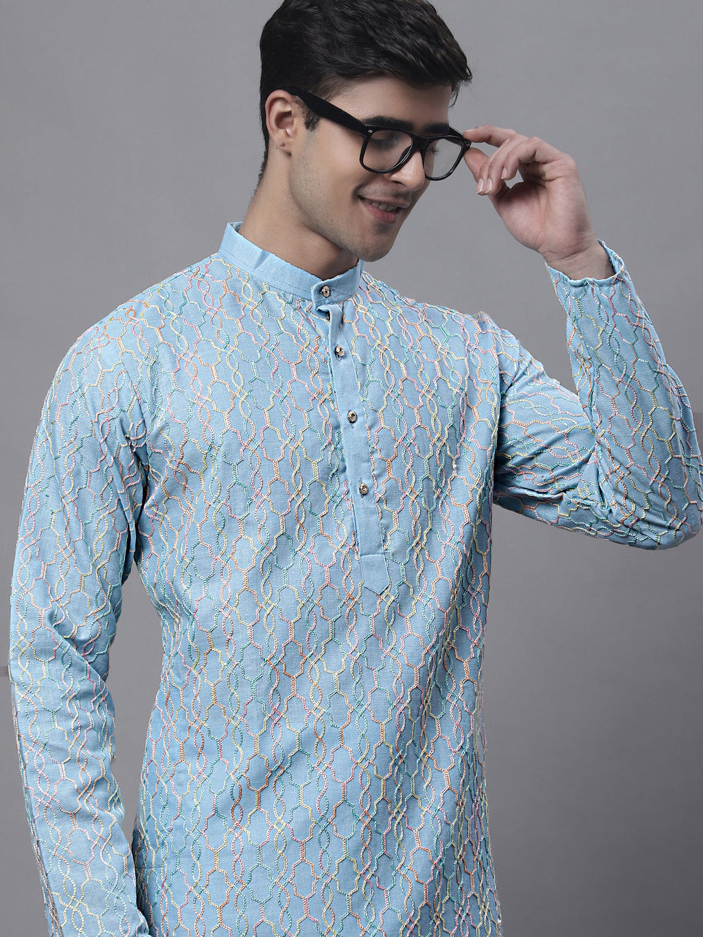 Jompers Men's Sky Blue and Multi Coloured Embroidered Straight Kurta | Grocsy