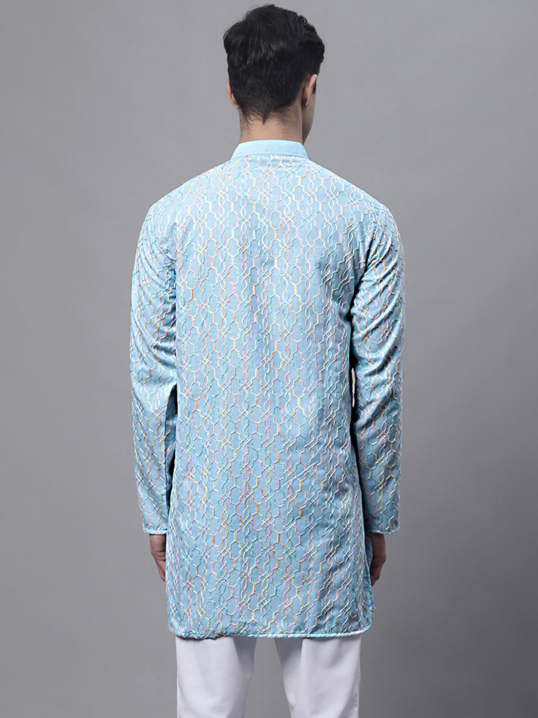 Jompers Men's Sky Blue and Multi Coloured Embroidered Straight Kurta | Grocsy