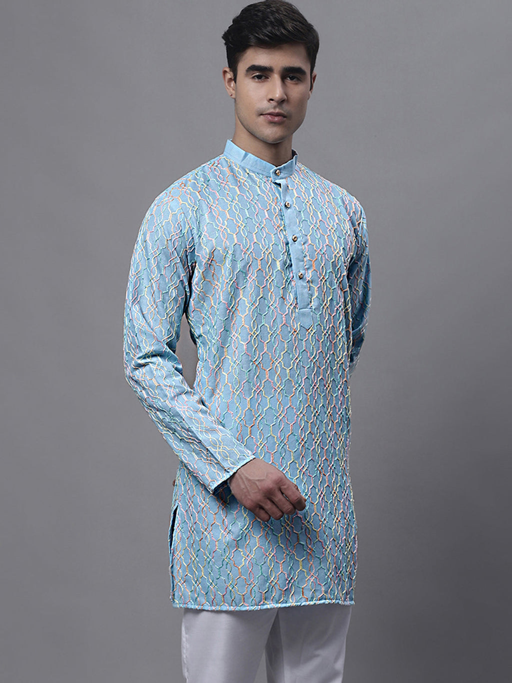Jompers Men's Sky Blue and Multi Coloured Embroidered Straight Kurta | Grocsy