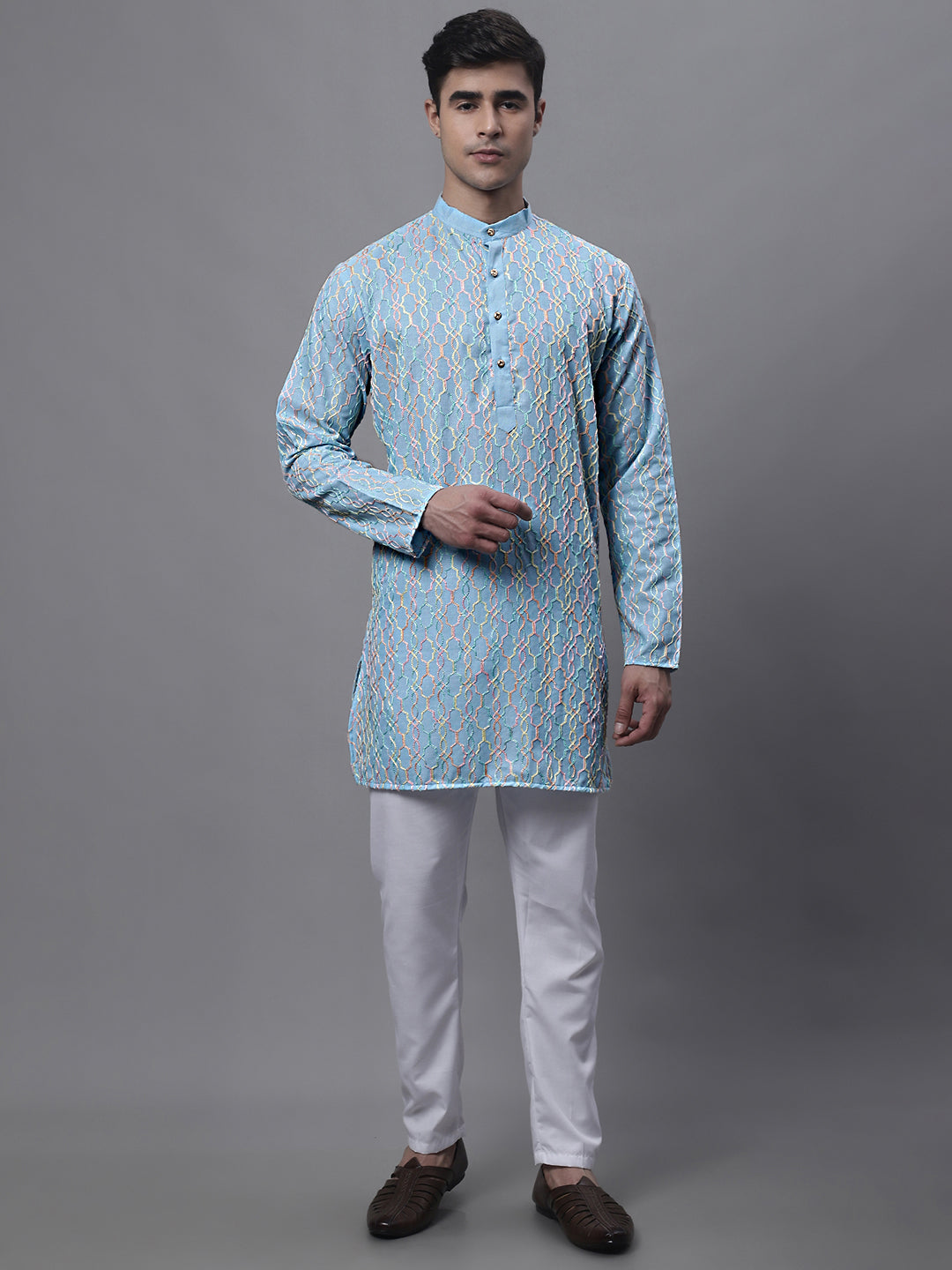 Jompers Men's Sky Blue and Multi Coloured Embroidered Straight Kurta | Grocsy