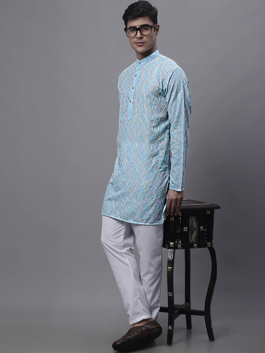 Jompers Men's Sky Blue and Multi Coloured Embroidered Straight Kurta | Grocsy
