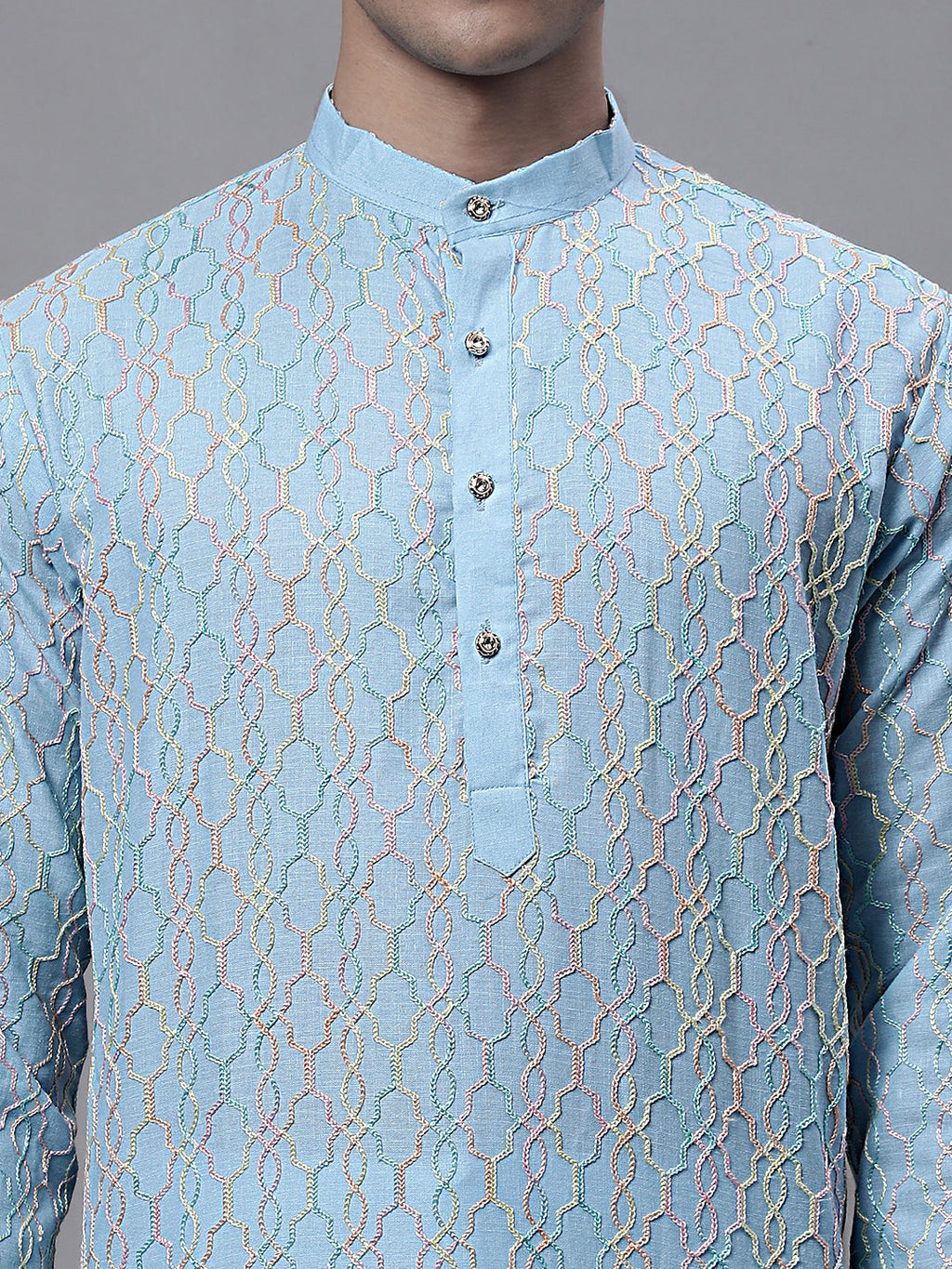 Jompers Men's Sky Blue and Multi Coloured Embroidered Straight Kurta | Grocsy