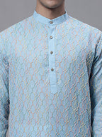 Jompers Men's Sky Blue and Multi Coloured Embroidered Straight Kurta | Grocsy