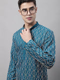 Jompers Men's Teal Blue and Multi Coloured Embroidered Straight Kurta | Grocsy