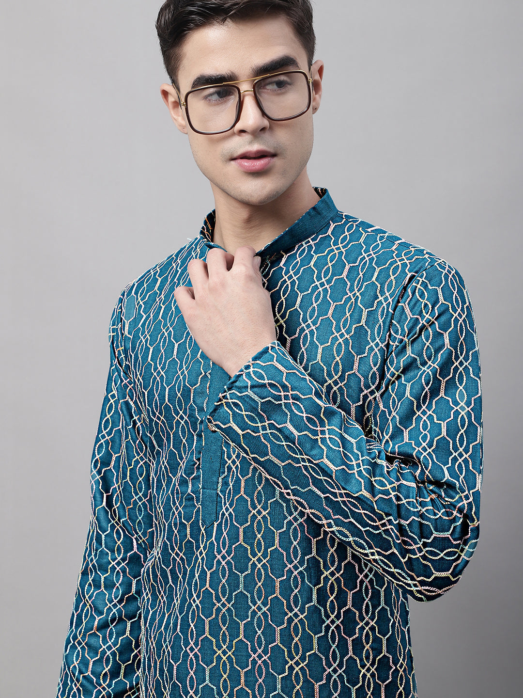 Jompers Men's Teal Blue and Multi Coloured Embroidered Straight Kurta | Grocsy