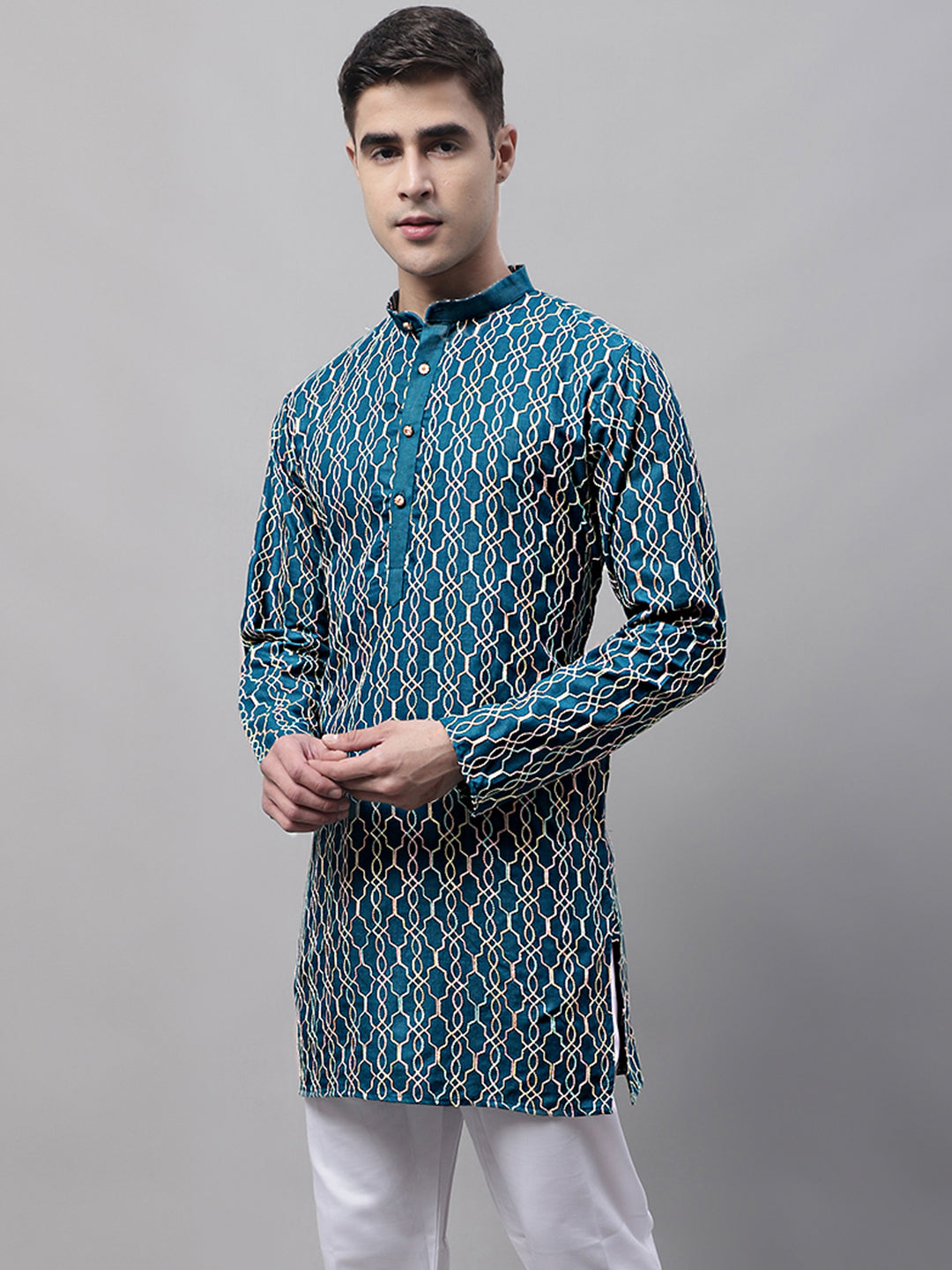Jompers Men's Teal Blue and Multi Coloured Embroidered Straight Kurta | Grocsy