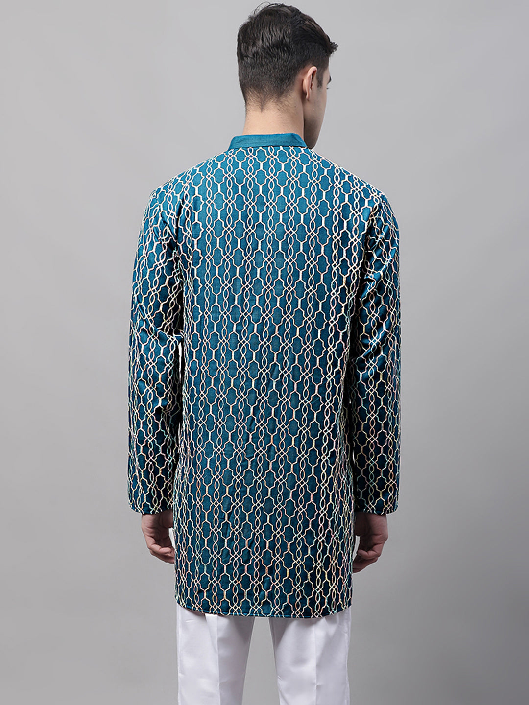 Jompers Men's Teal Blue and Multi Coloured Embroidered Straight Kurta | Grocsy