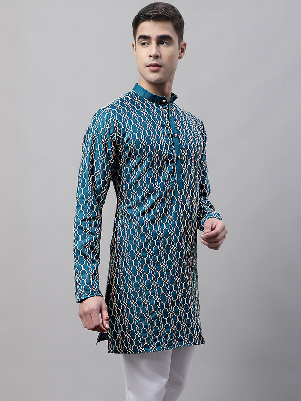 Jompers Men's Teal Blue and Multi Coloured Embroidered Straight Kurta | Grocsy