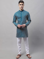Jompers Men's Teal Blue and Multi Coloured Embroidered Straight Kurta | Grocsy