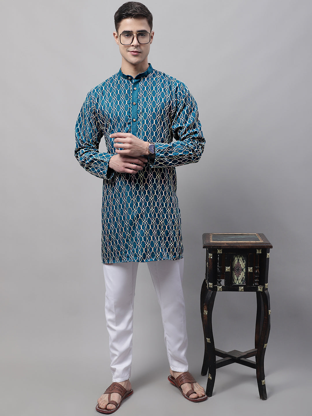 Jompers Men's Teal Blue and Multi Coloured Embroidered Straight Kurta | Grocsy