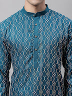 Jompers Men's Teal Blue and Multi Coloured Embroidered Straight Kurta | Grocsy