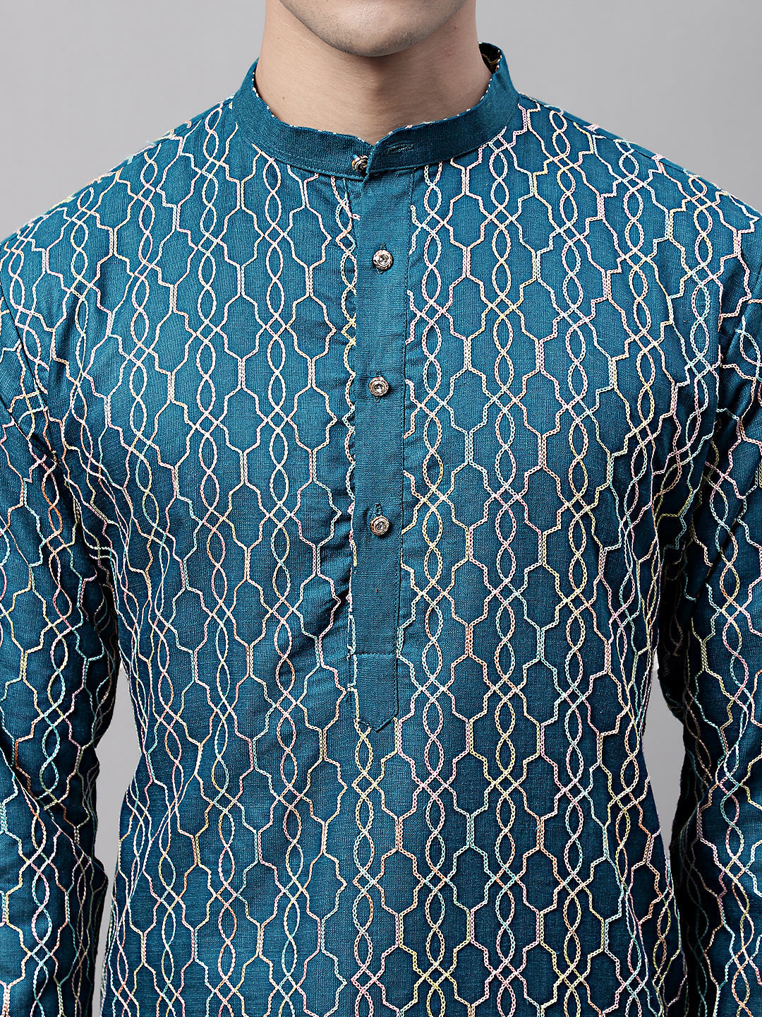 Jompers Men's Teal Blue and Multi Coloured Embroidered Straight Kurta | Grocsy