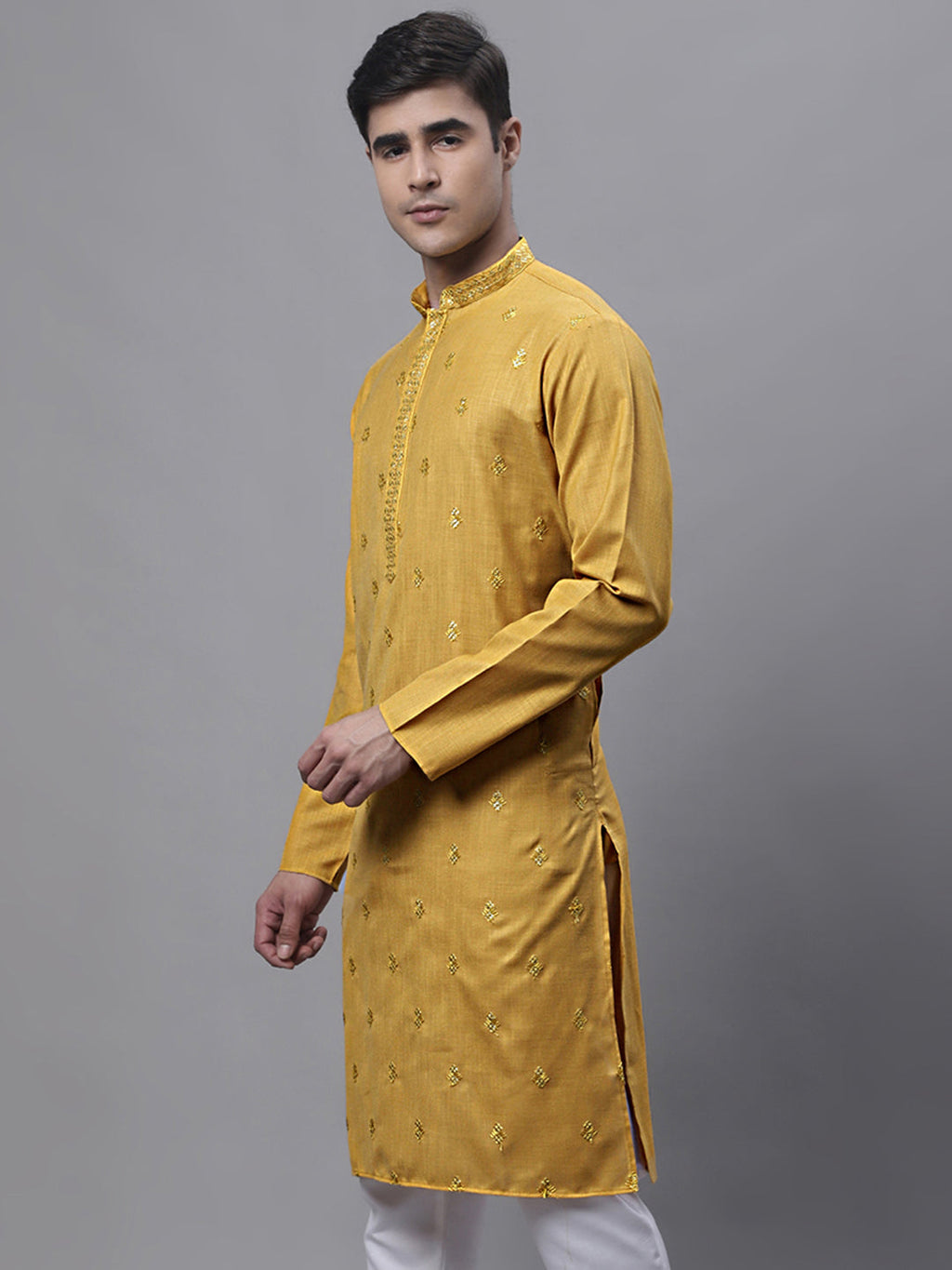Jompers Men's Mustard Embroidered Straight Kurta | Grocsy