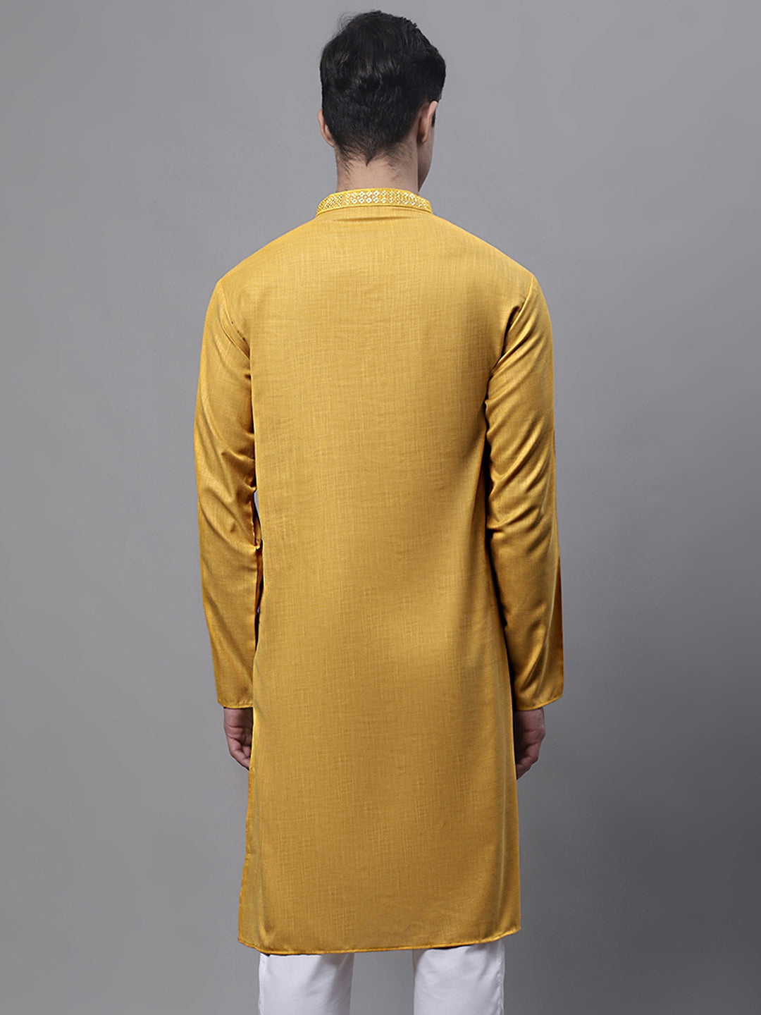 Jompers Men's Mustard Embroidered Straight Kurta | Grocsy