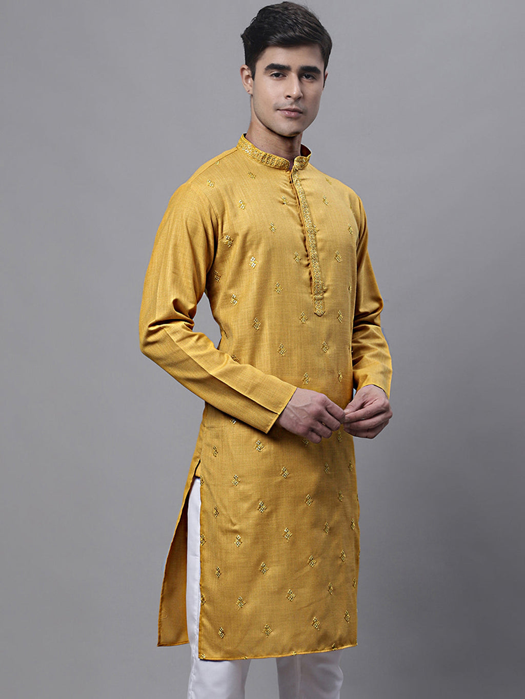 Jompers Men's Mustard Embroidered Straight Kurta | Grocsy