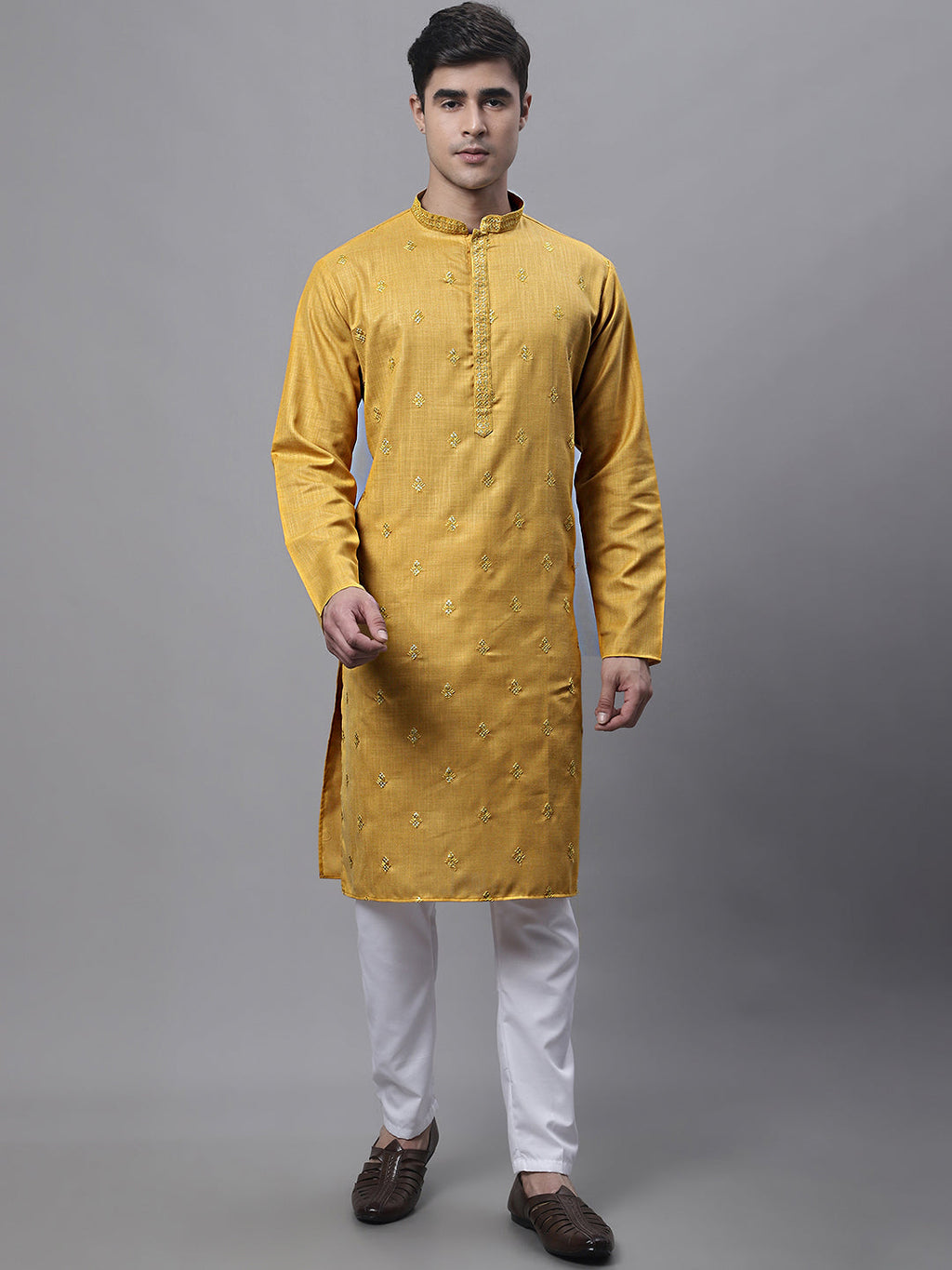 Jompers Men's Mustard Embroidered Straight Kurta | Grocsy