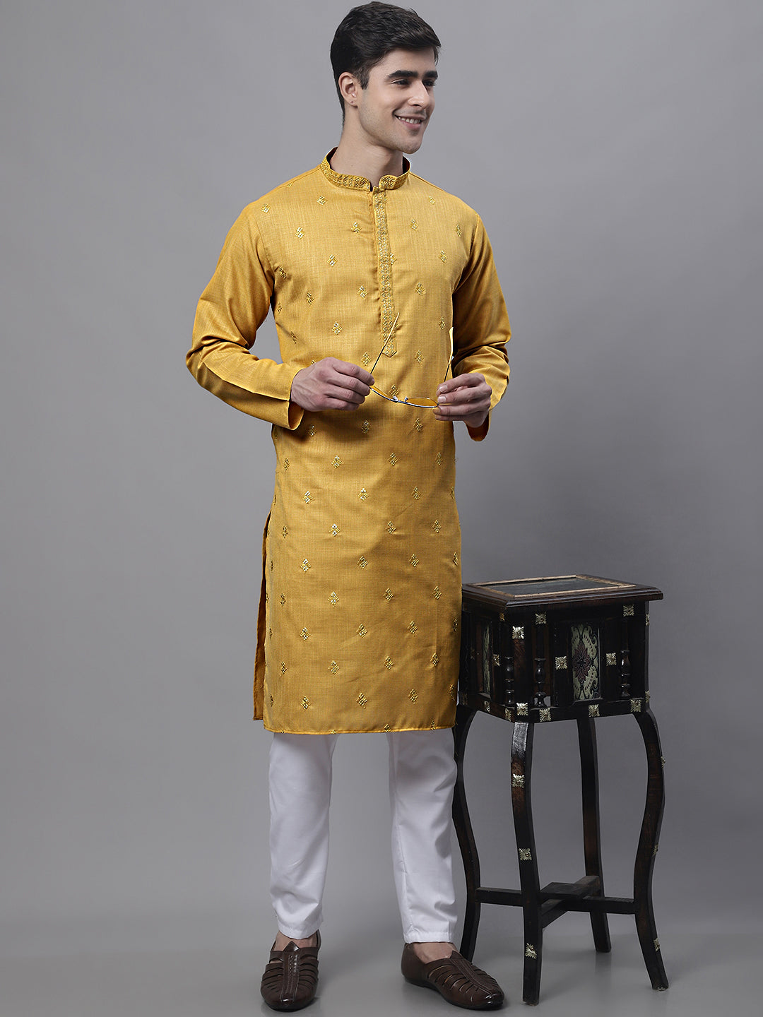 Jompers Men's Mustard Embroidered Straight Kurta | Grocsy