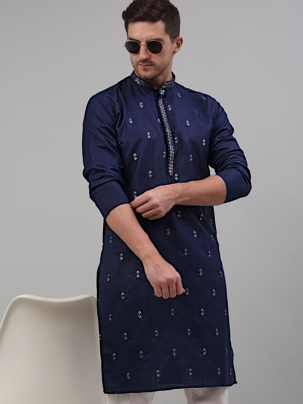 Jompers Men's Navy Blue Embroidered Straight Kurta Only | Grocsy
