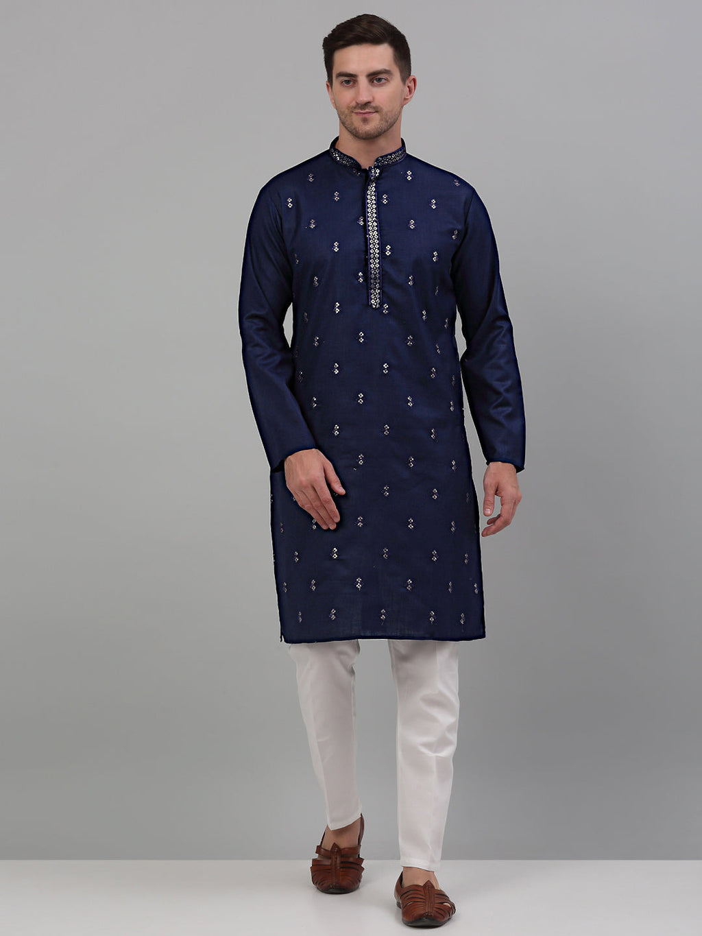Jompers Men's Navy Blue Embroidered Straight Kurta Only | Grocsy