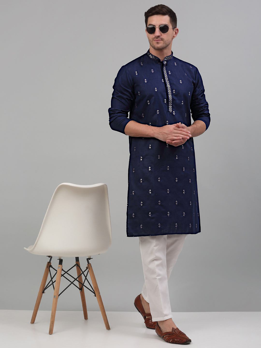 Jompers Men's Navy Blue Embroidered Straight Kurta Only | Grocsy