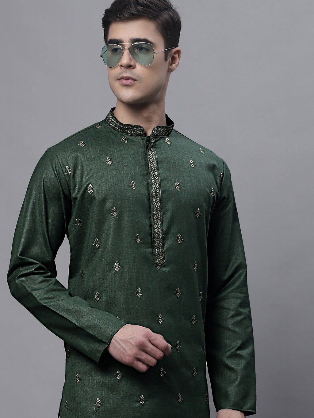 Jompers Men's Olive Green Embroidered Straight Kurta | Grocsy