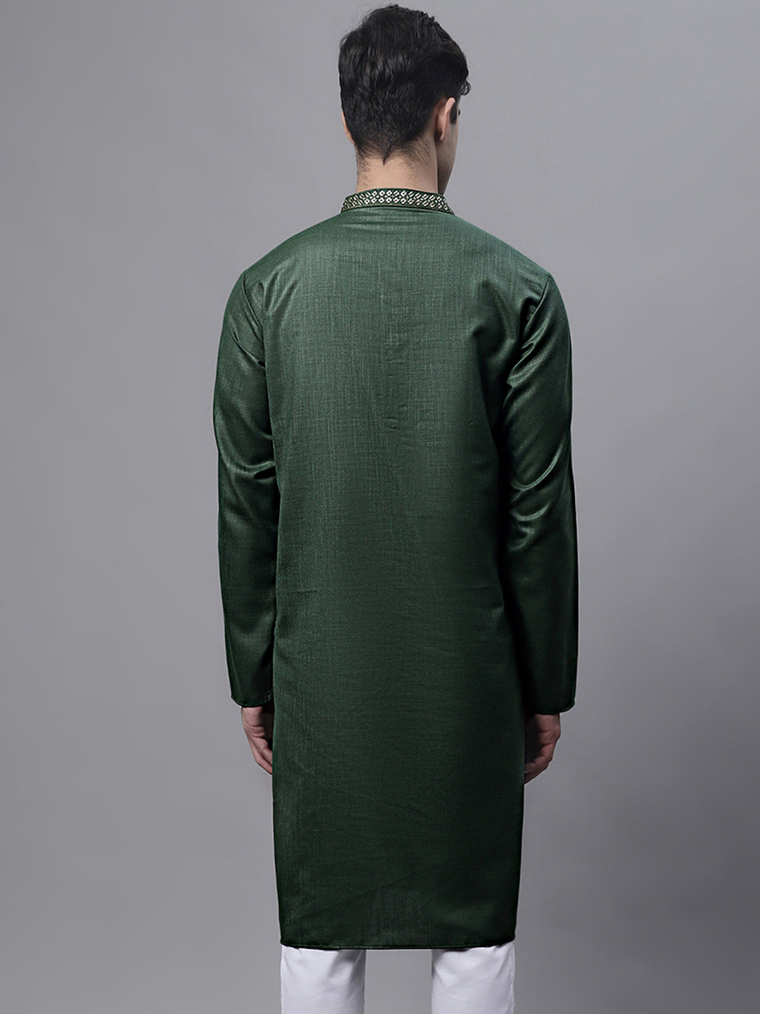 Jompers Men's Olive Green Embroidered Straight Kurta | Grocsy