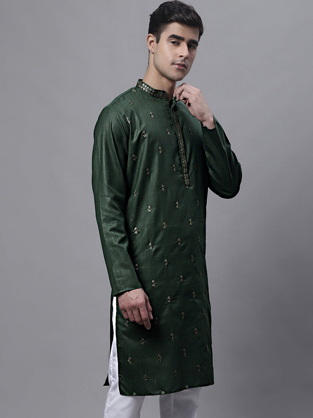 Jompers Men's Olive Green Embroidered Straight Kurta | Grocsy