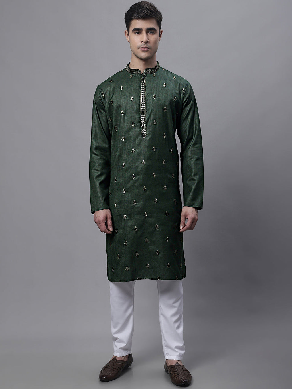 Jompers Men's Olive Green Embroidered Straight Kurta | Grocsy