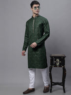 Jompers Men's Olive Green Embroidered Straight Kurta | Grocsy