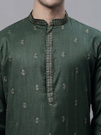 Jompers Men's Olive Green Embroidered Straight Kurta | Grocsy