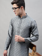 Jompers Men's Grey Jacquard Silk Collar Embroidered Kurta | Grocsy