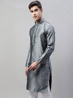 Jompers Men's Grey Jacquard Silk Collar Embroidered Kurta | Grocsy