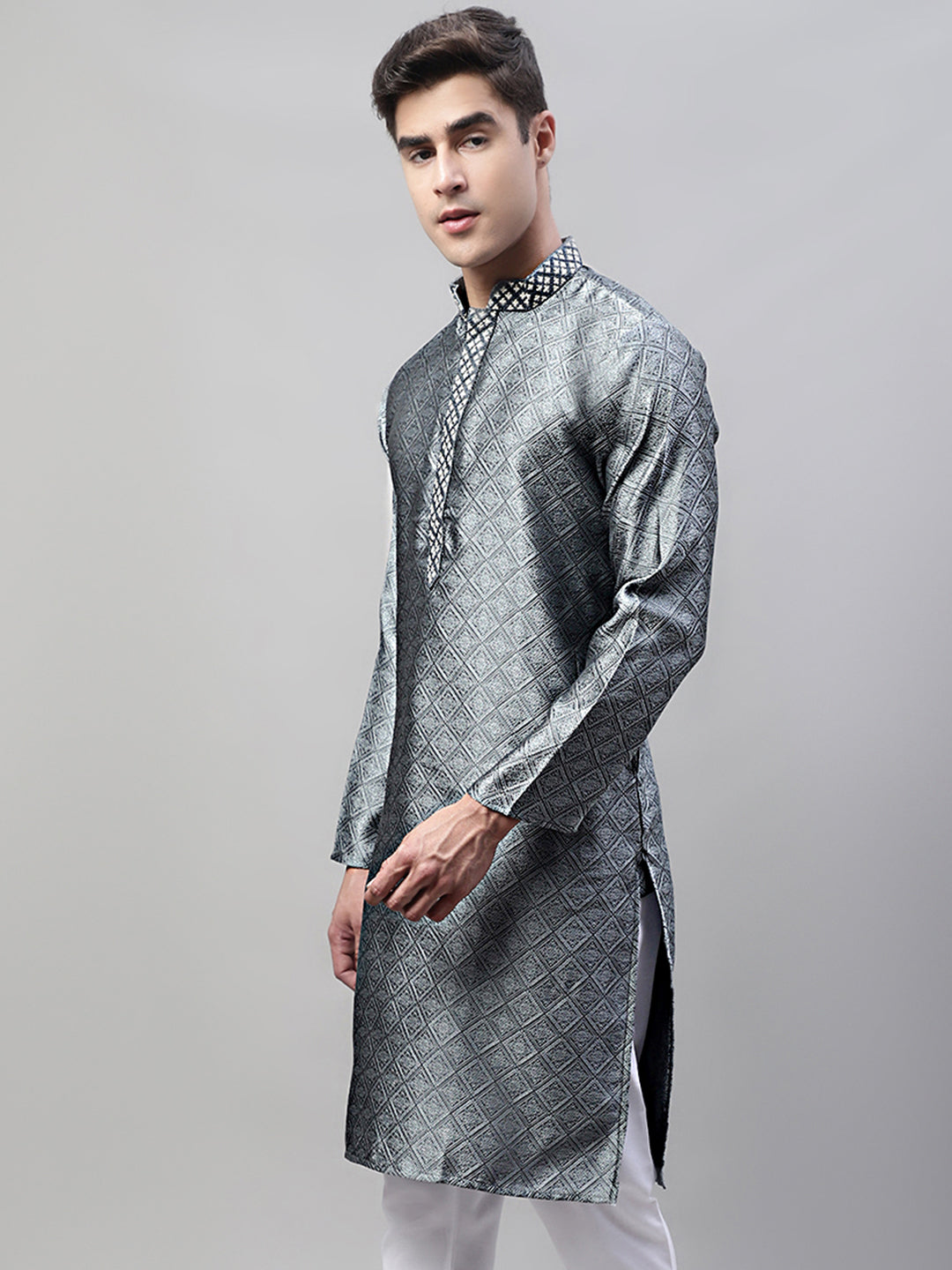 Jompers Men's Grey Jacquard Silk Collar Embroidered Kurta | Grocsy