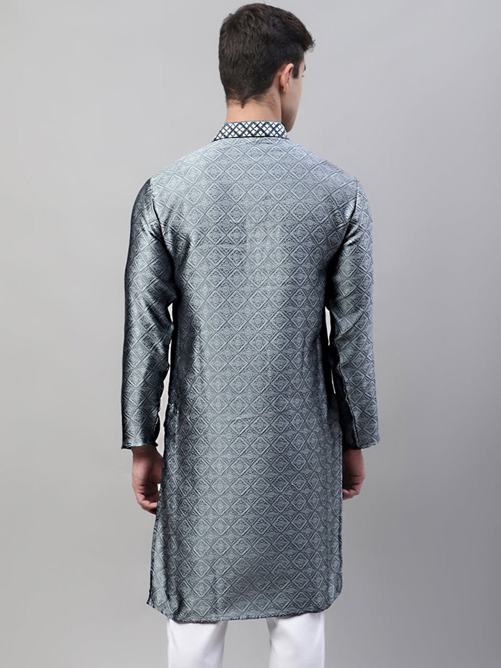 Jompers Men's Grey Jacquard Silk Collar Embroidered Kurta | Grocsy