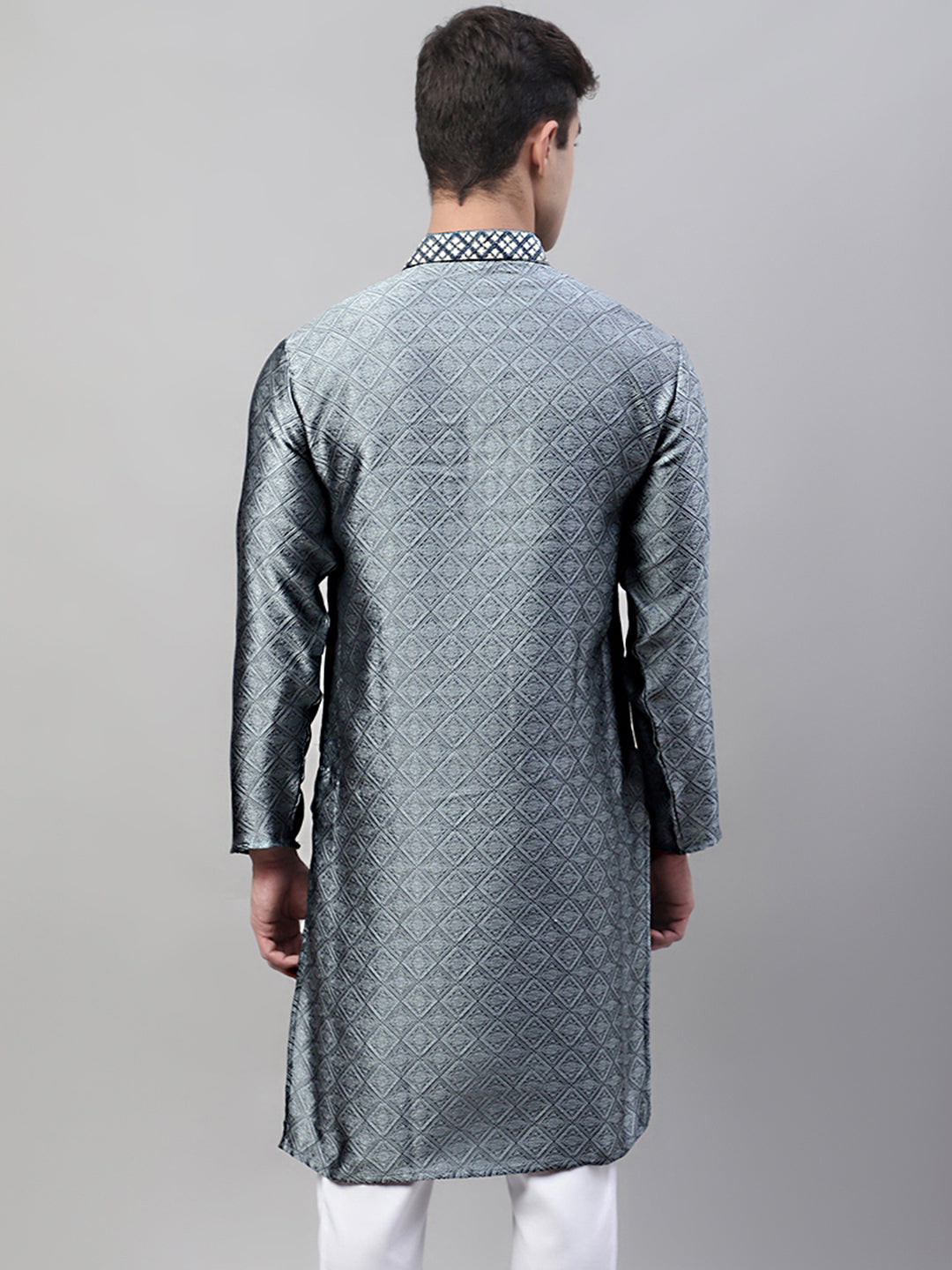Jompers Men's Grey Jacquard Silk Collar Embroidered Kurta | Grocsy