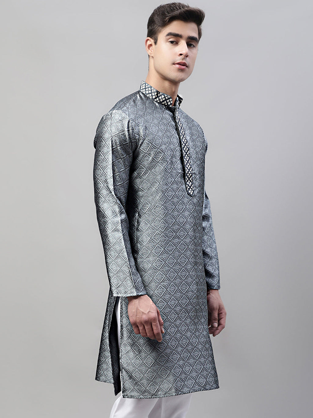 Jompers Men's Grey Jacquard Silk Collar Embroidered Kurta | Grocsy