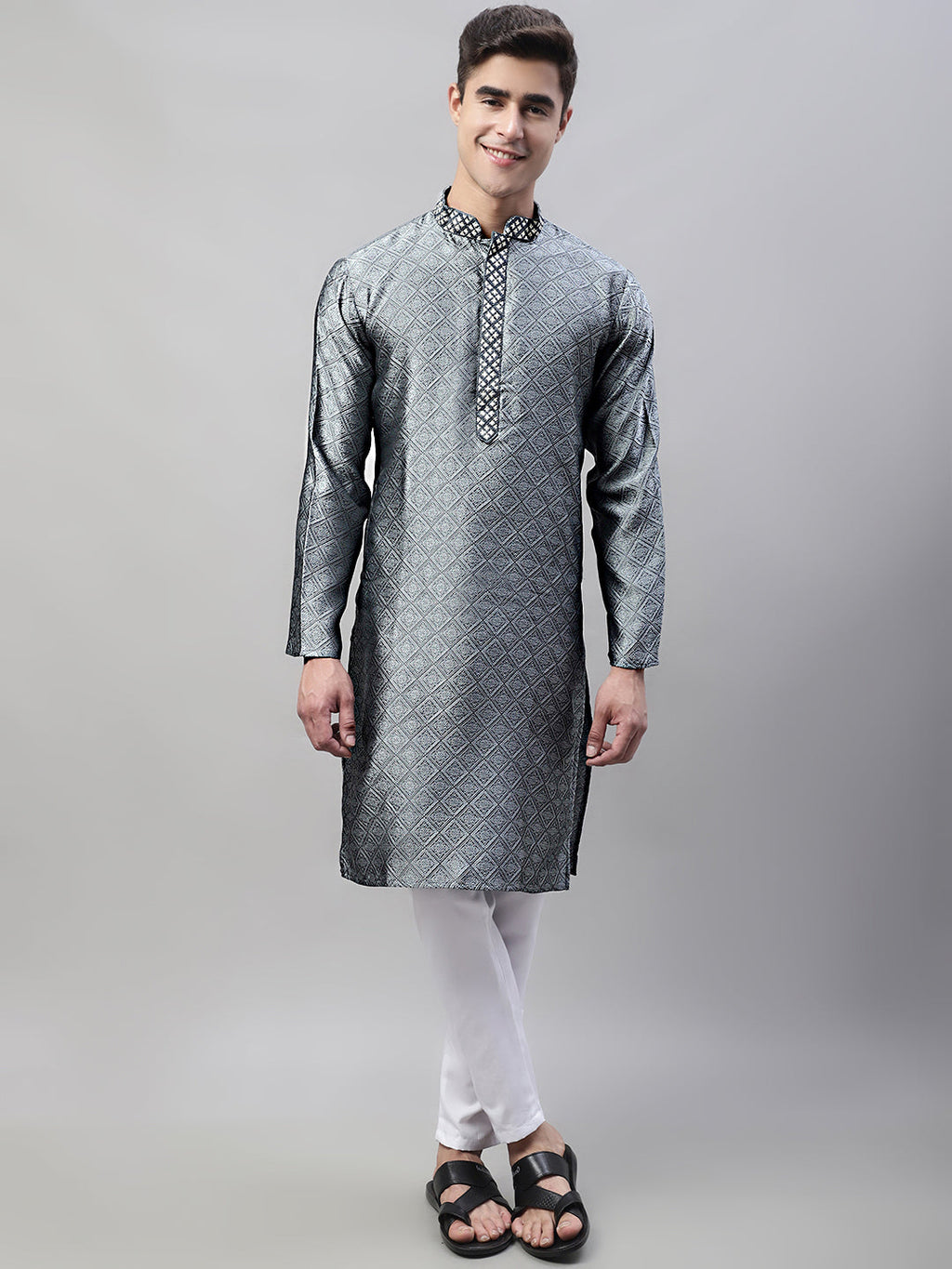 Jompers Men's Grey Jacquard Silk Collar Embroidered Kurta | Grocsy
