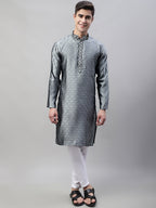 Jompers Men's Grey Jacquard Silk Collar Embroidered Kurta | Grocsy