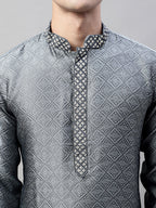 Jompers Men's Grey Jacquard Silk Collar Embroidered Kurta | Grocsy