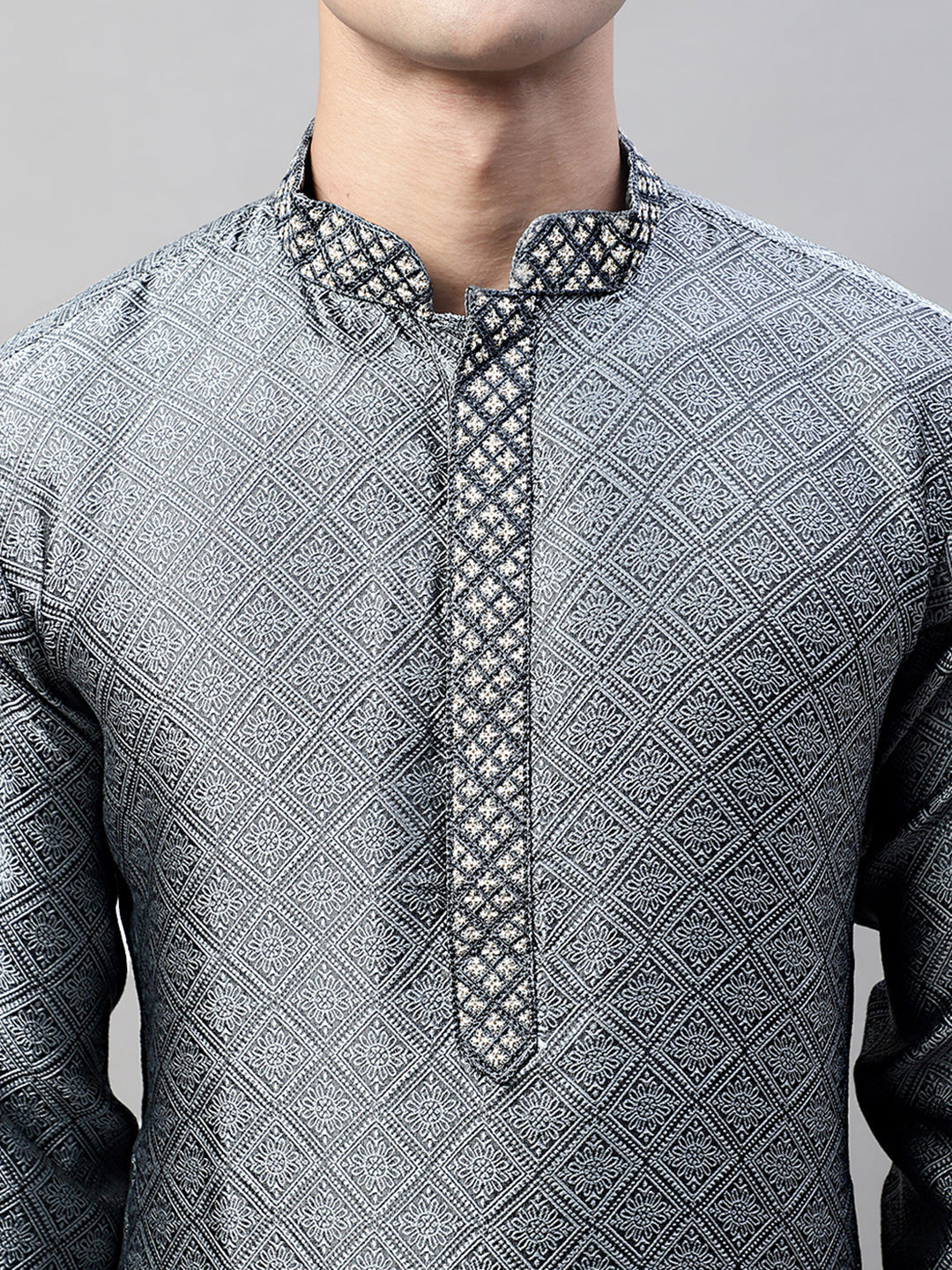 Jompers Men's Grey Jacquard Silk Collar Embroidered Kurta | Grocsy