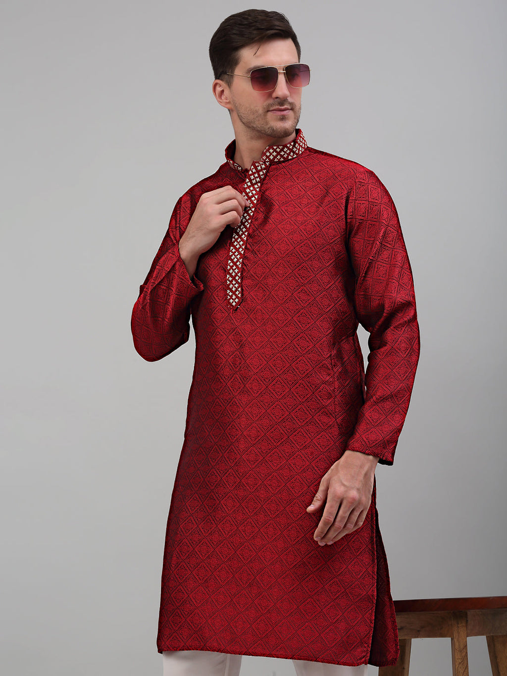 Jompers Men's Maroon Collar Embroidered Kurta Only | Grocsy